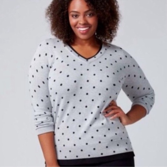 Lane Bryant Polka Dot Sweater 14/16 Gray Black V Neck Chiffon Trim Sz 14 - Picture 1 of 8